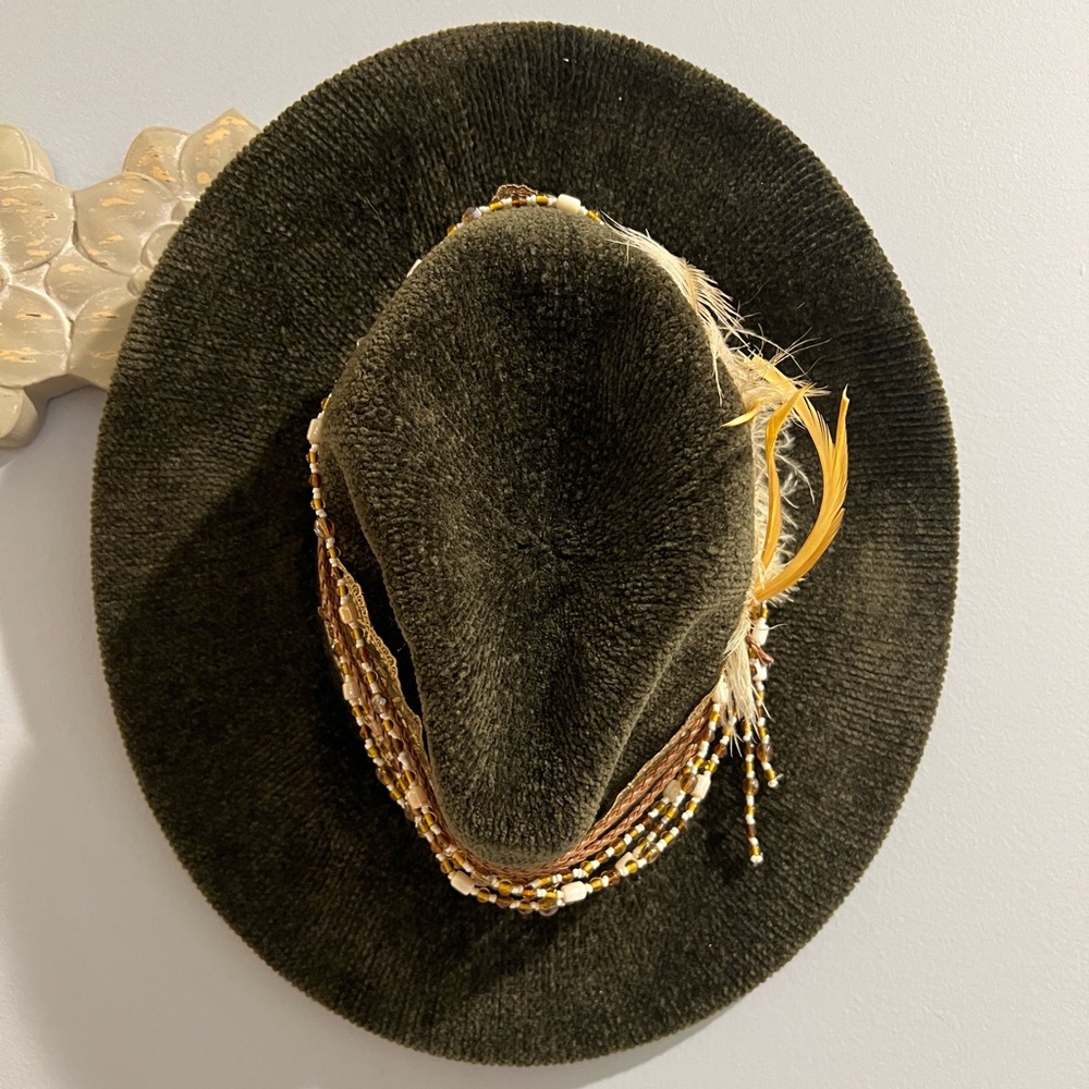 Hunter green hat, handmade, feathers and beads